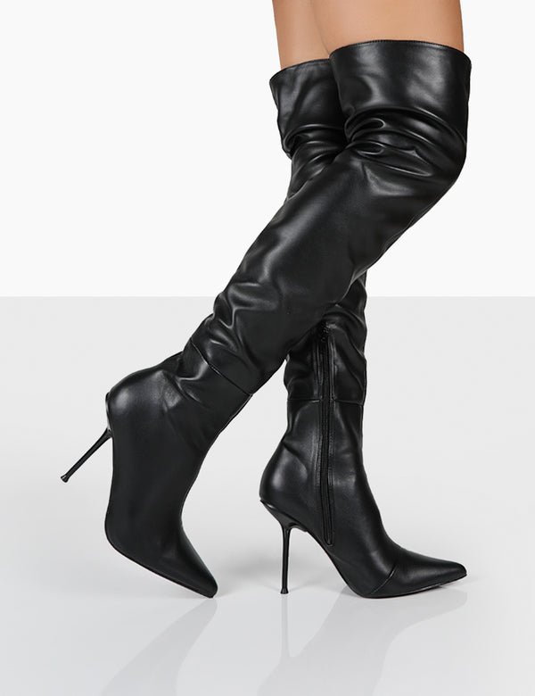 Public Desire Tianna Black PU Pointed Toe Over The Knee Stiletto Boots