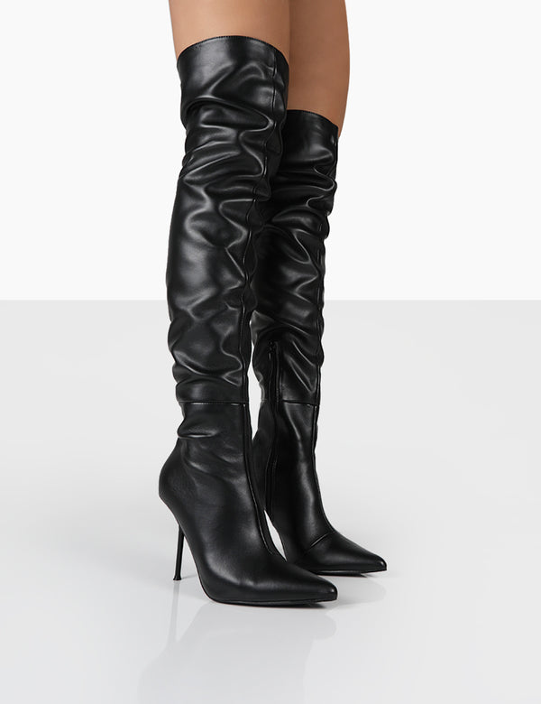public desire Tianna Black PU Pointed Toe Over The Knee Stiletto Boots