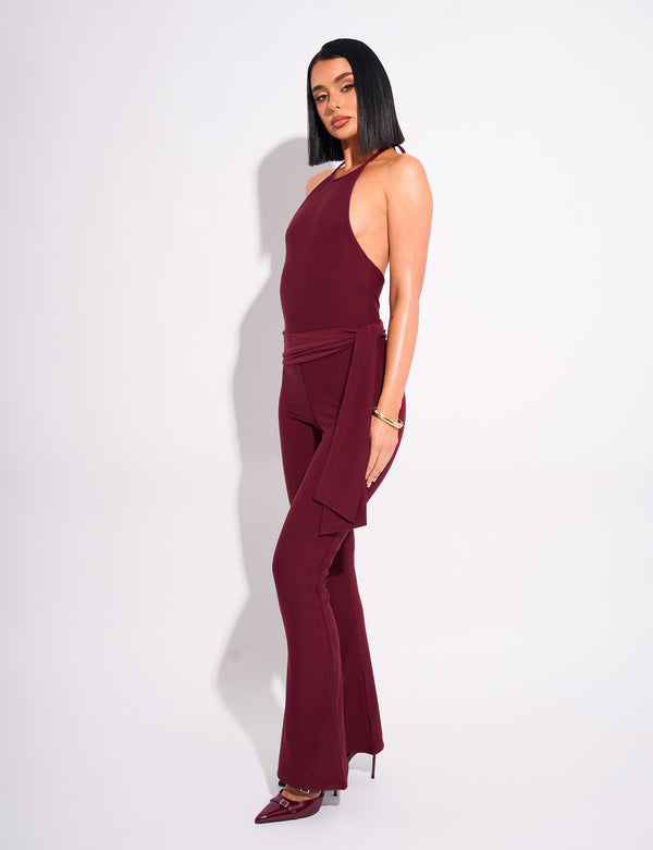 Public Desire Tie Back Luxe Slinky Jumpsuit Burgundy