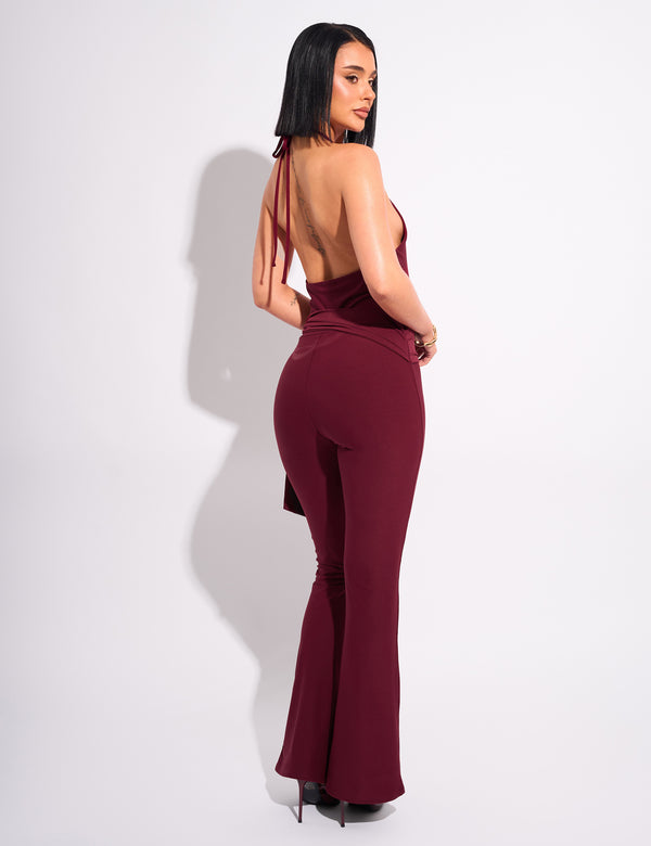 Public Desire Tie Back Luxe Slinky Jumpsuit Burgundy