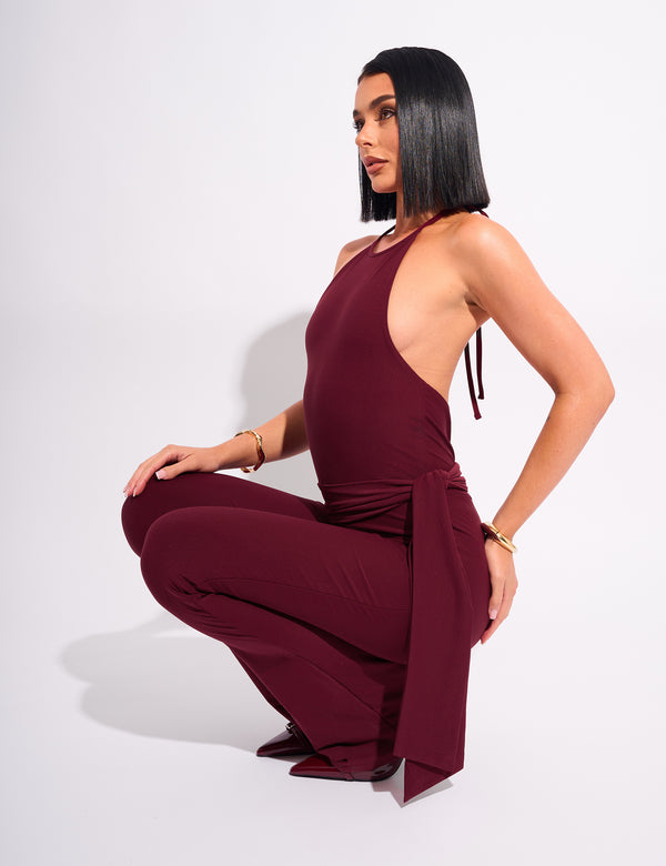 Public Desire Tie Back Luxe Slinky Jumpsuit Burgundy