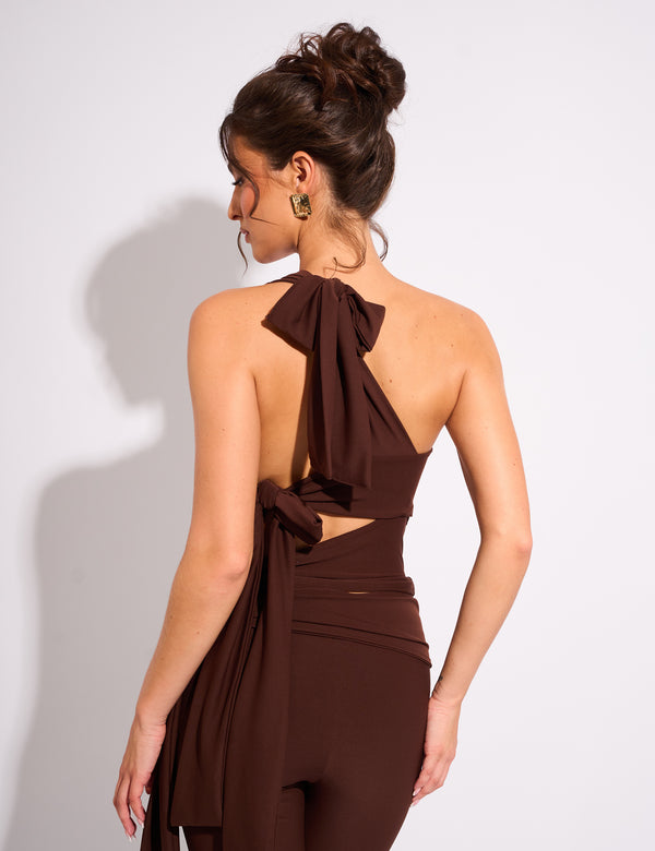 Public Desire Tie Back Luxe Slinky One Shoulder Top Chocolate