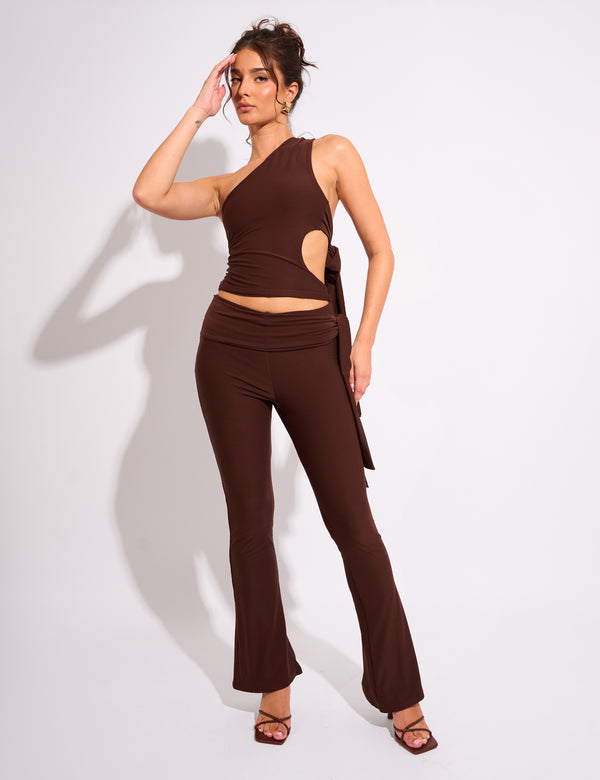 Public Desire Tie Back Luxe Slinky One Shoulder Top Chocolate