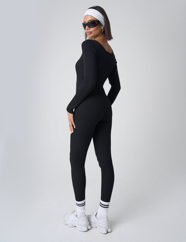 Public Desire Tie Front Ribbed Long Sleeve Unitard Black
