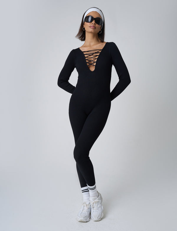 public desire Tie Front Ribbed Long Sleeve Unitard Black