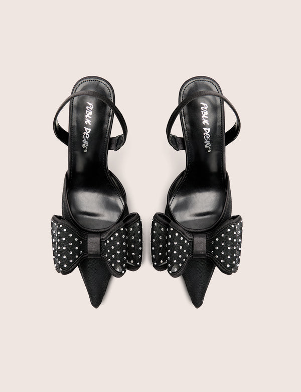 Public Desire Trisha Black Mesh Bow Diamante Detail Sling Back Court Heels