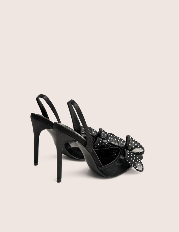 Public Desire Trisha Black Mesh Bow Diamante Detail Sling Back Court Heels