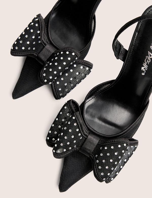 Public Desire Trisha Black Mesh Bow Diamante Detail Sling Back Court Heels