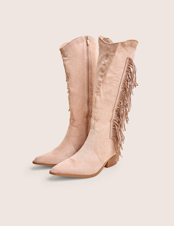 Public Desire Tucker Beige Faux Suede Knee High Tassle Detail Western Boots
