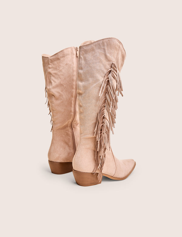 Public Desire Tucker Beige Faux Suede Knee High Tassle Detail Western Boots
