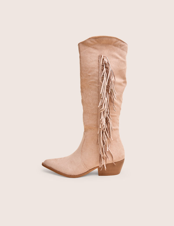 public desire Tucker Beige Faux Suede Knee High Tassle Detail Western Boots