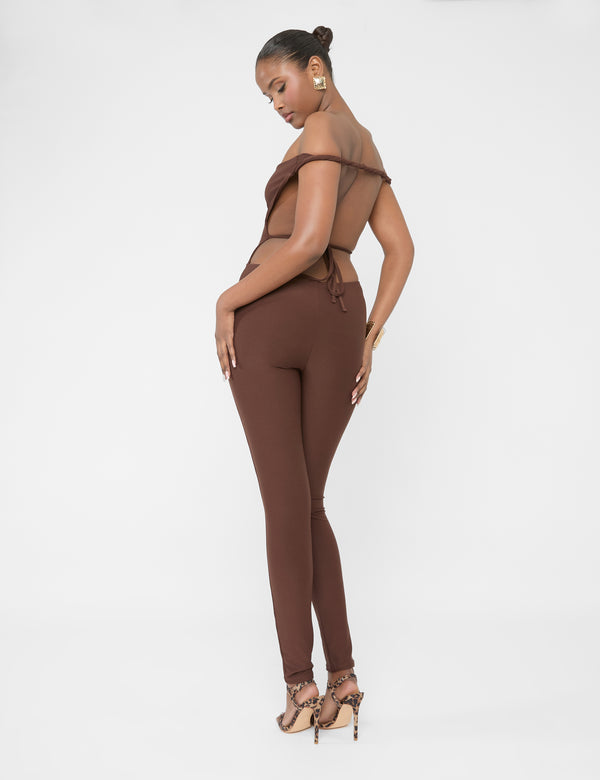 Public Desire Twist Back Detail Off The Shoulder Luxe Slinky Jumpsuit Brown