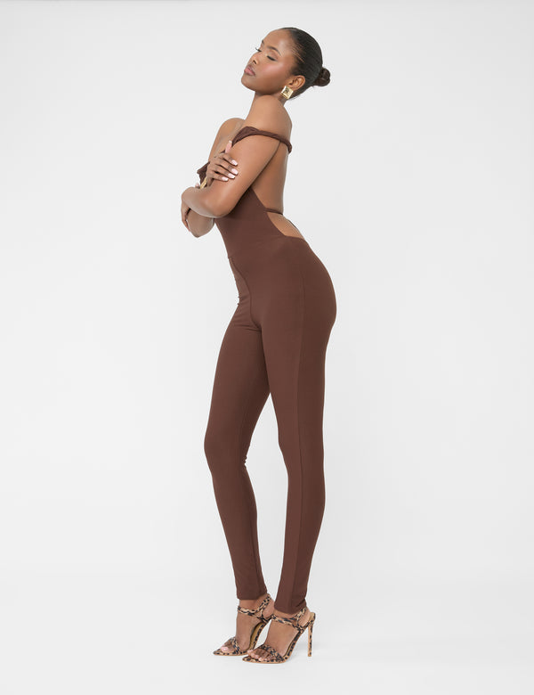 Public Desire Twist Back Detail Off The Shoulder Luxe Slinky Jumpsuit Brown