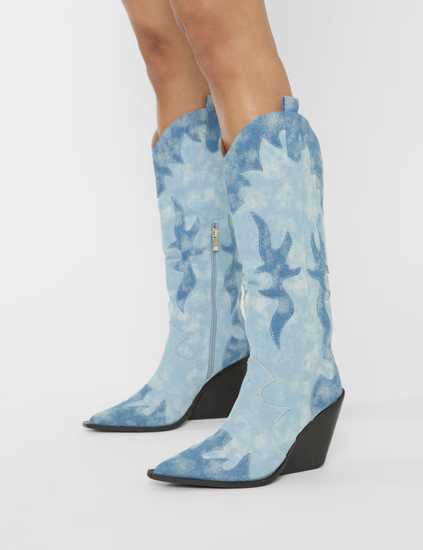 Public Desire Underwood Mixed Denim Western Cowboy Block Heel Knee High Boots
