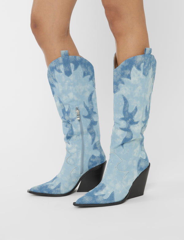 Public Desire Underwood Mixed Denim Western Cowboy Block Heel Knee High Boots