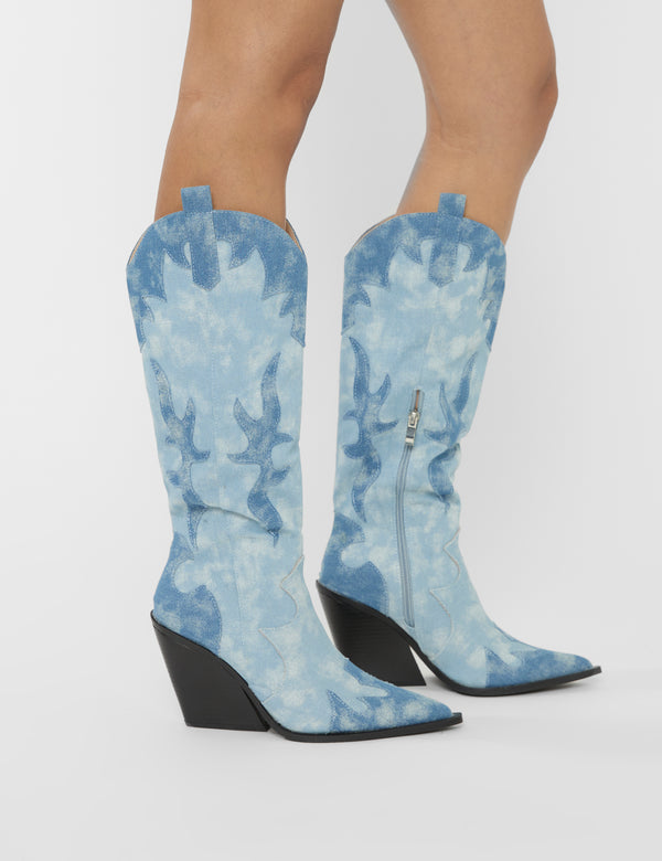 Public Desire Underwood Mixed Denim Western Cowboy Block Heel Knee High Boots