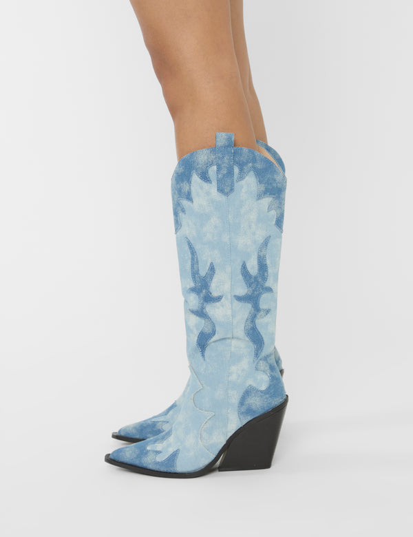 public desire Underwood Mixed Denim Western Cowboy Block Heel Knee High Boots