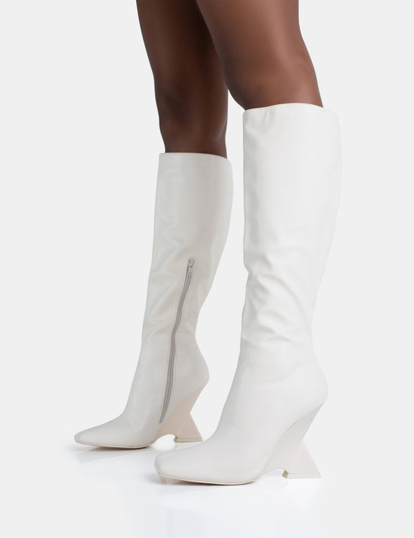 Public Desire Vanessa Ecru PU Inverted Wedge Square Toe Heeled Knee High Boots