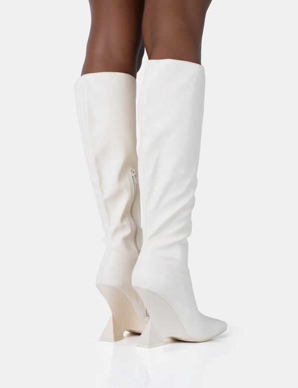 Public Desire Vanessa Ecru PU Inverted Wedge Square Toe Heeled Knee High Boots