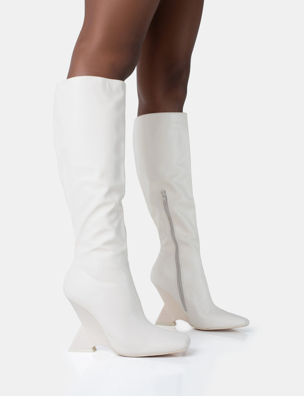 public desire Vanessa Ecru PU Inverted Wedge Square Toe Heeled Knee High Boots