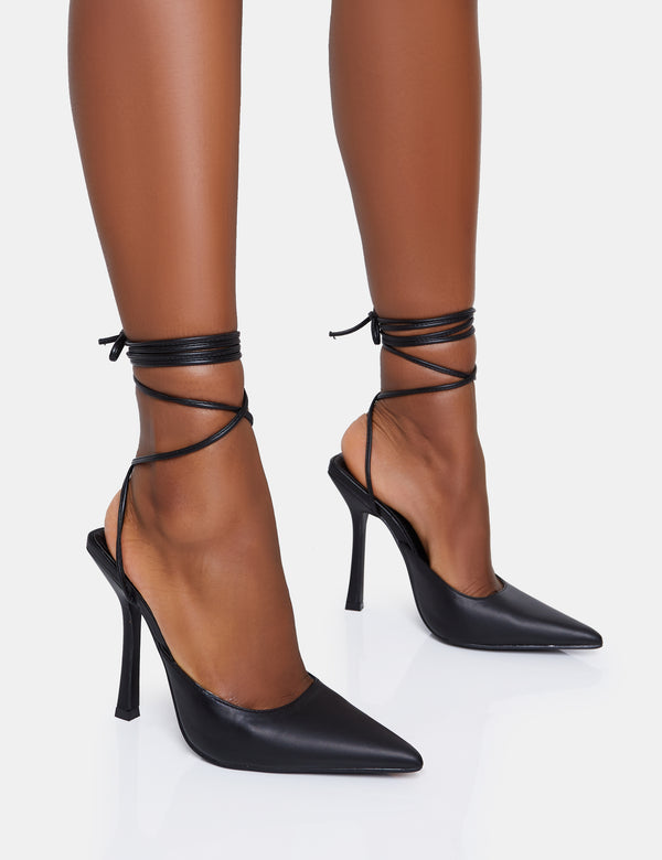 public desire Verity Black Pu Slingback Lace Up Pointed Court Stiletto Heels