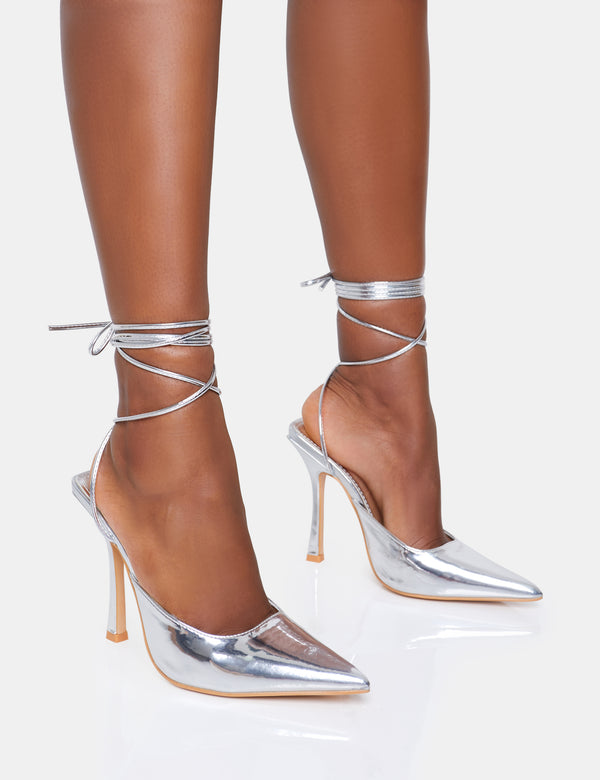 public desire Verity Wide Fit Silver Slingback Lace Up Pointed Court Stiletto Heels