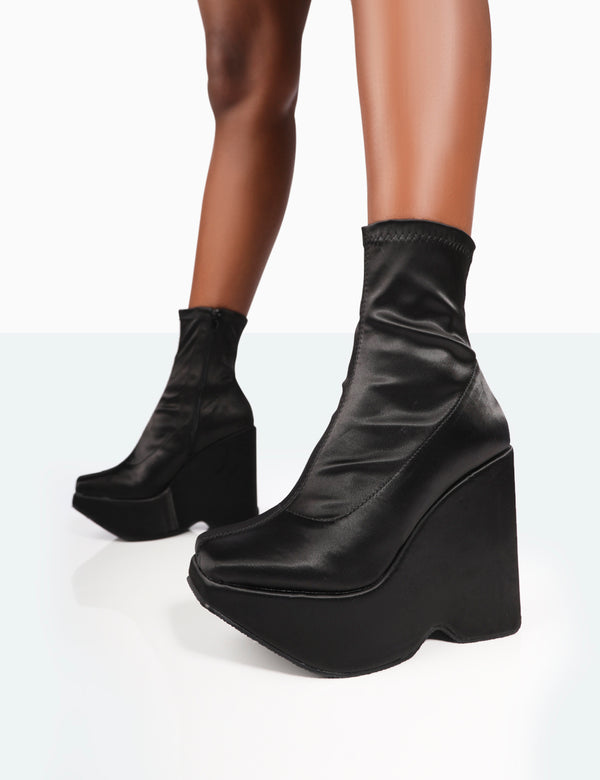 Public Desire Versus Wide Fit Black Satin Platform Sole Ankle Boots