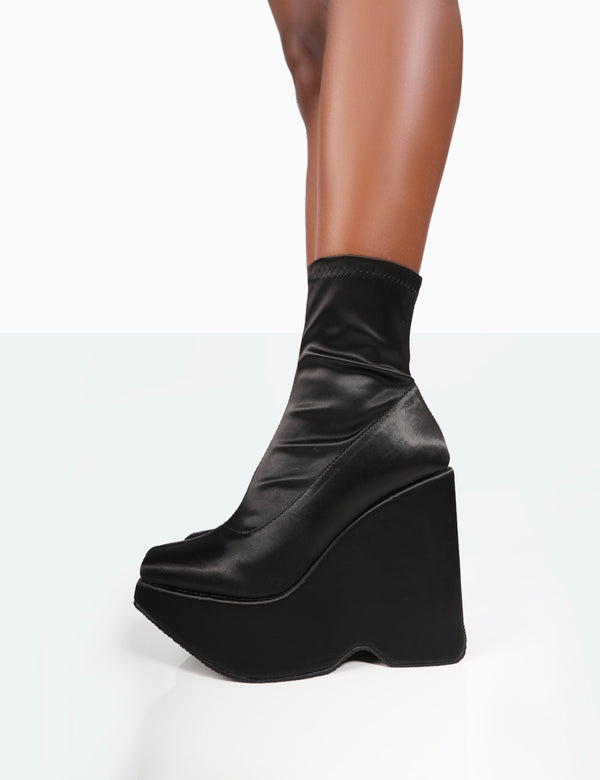 Public Desire Versus Wide Fit Black Satin Platform Sole Ankle Boots