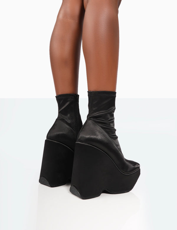 Public Desire Versus Wide Fit Black Satin Platform Sole Ankle Boots