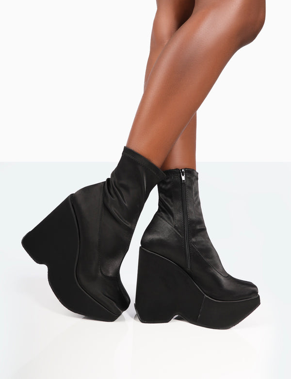 public desire Versus Wide Fit Black Satin Platform Sole Ankle Boots
