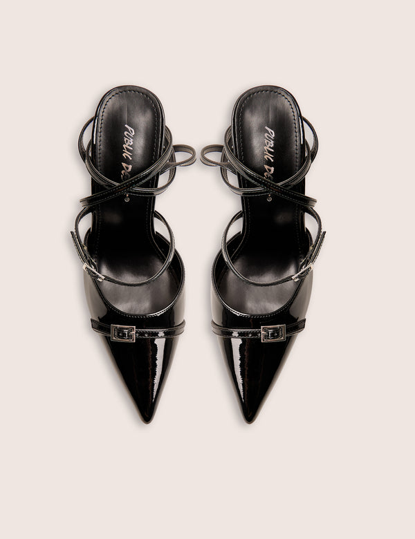 Public Desire Viper Black Three Strap Buckle Detail Court Heels