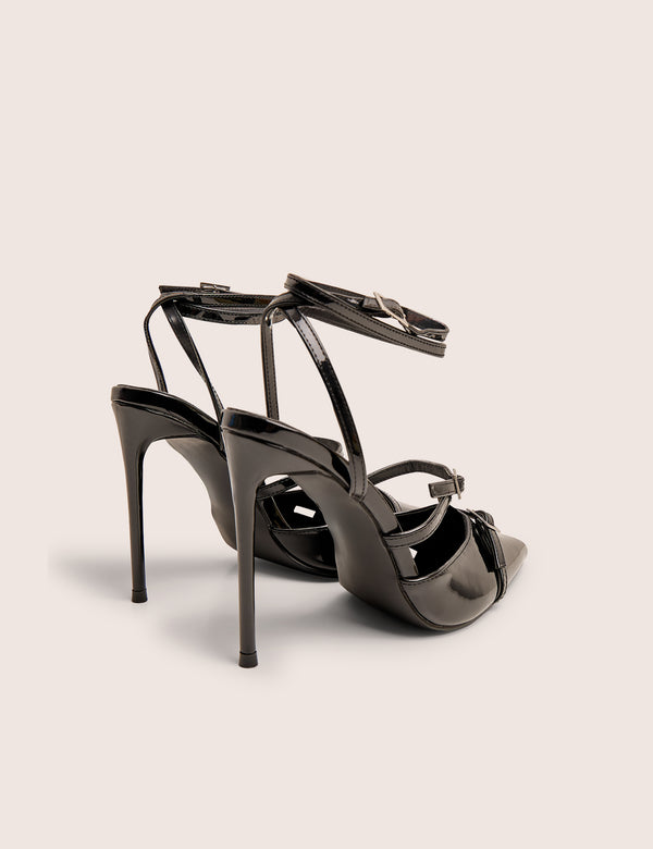 Public Desire Viper Black Three Strap Buckle Detail Court Heels