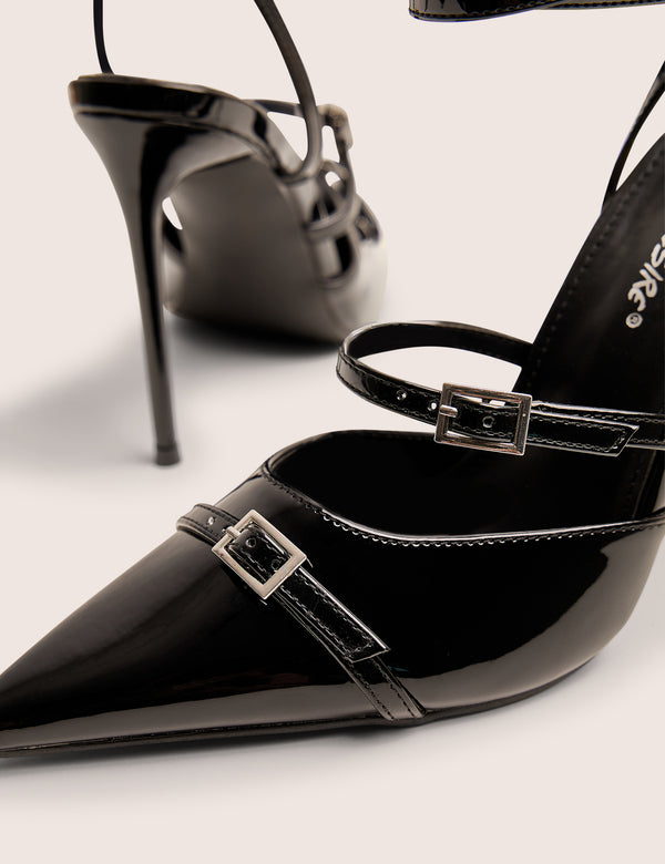 Public Desire Viper Black Three Strap Buckle Detail Court Heels