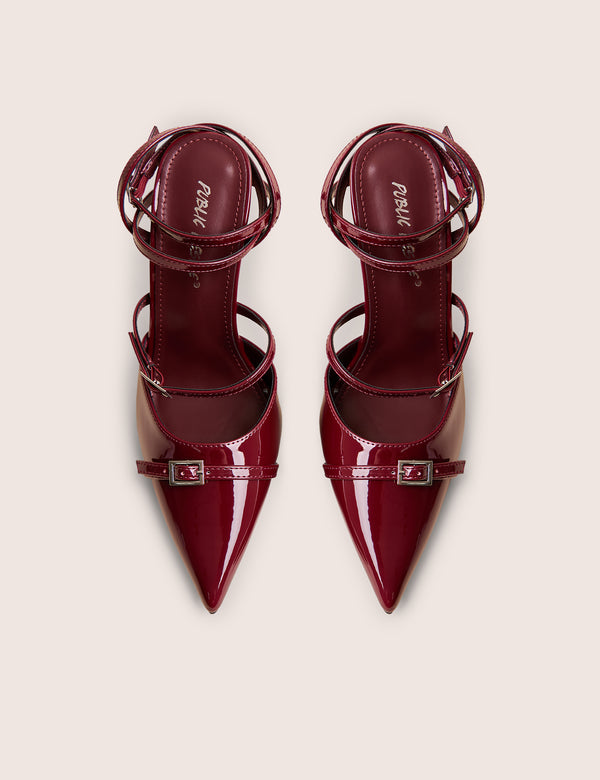 Public Desire Viper Burgundy Three Strap Buckle Detail Court Heels