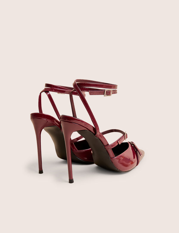 Public Desire Viper Burgundy Three Strap Buckle Detail Court Heels
