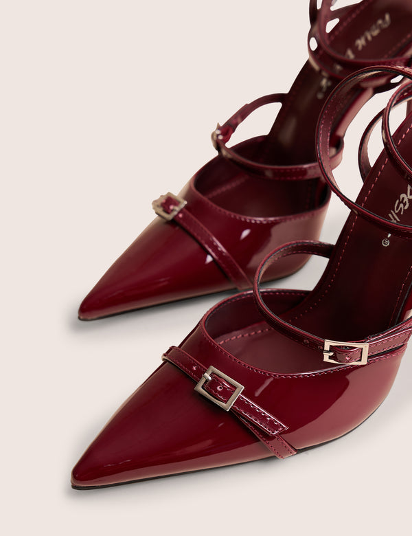 Public Desire Viper Burgundy Three Strap Buckle Detail Court Heels