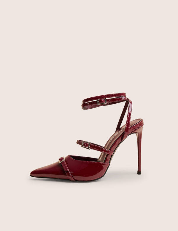 public desire Viper Burgundy Three Strap Buckle Detail Court Heels