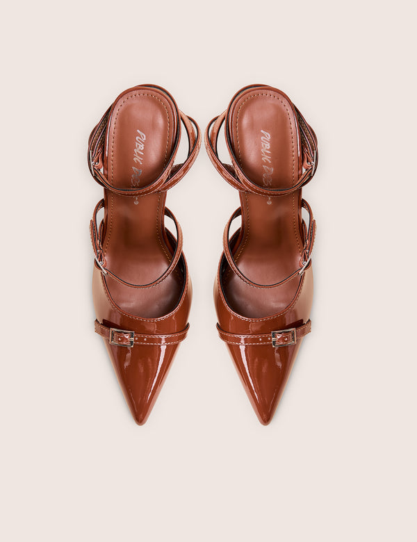 Public Desire Viper Chocolate Three Strap Buckle Detail Court Heels