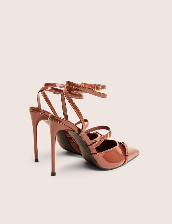 Public Desire Viper Chocolate Three Strap Buckle Detail Court Heels