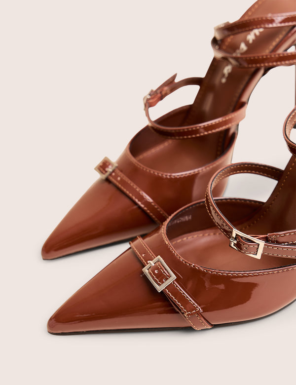 Public Desire Viper Chocolate Three Strap Buckle Detail Court Heels