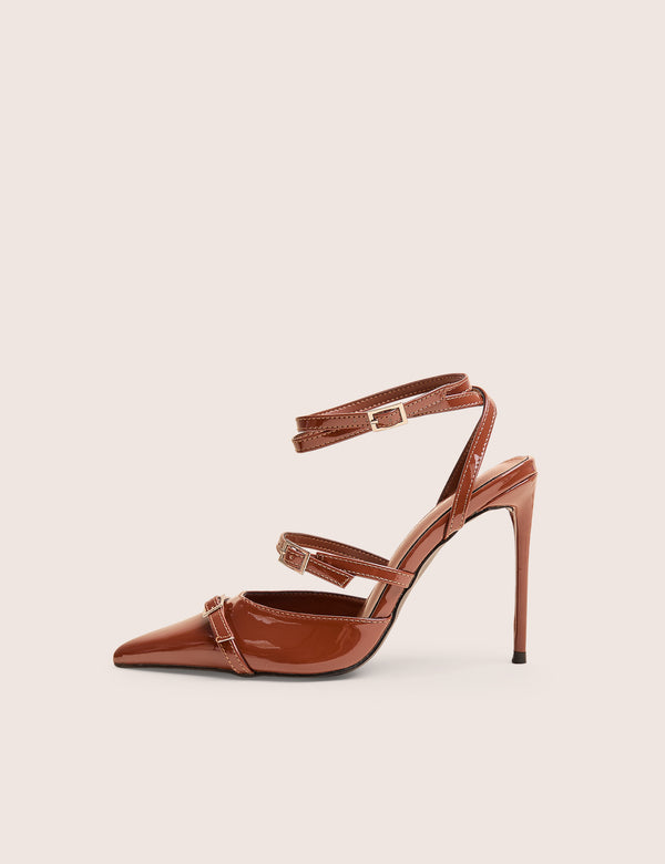 public desire Viper Chocolate Three Strap Buckle Detail Court Heels