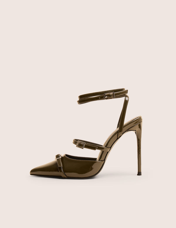 public desire Viper Green Patent Three Strap Buckle Detail Court Heels