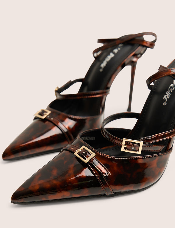Public Desire Viper Tortoise Print Three Strap Buckle Detail Court Heels