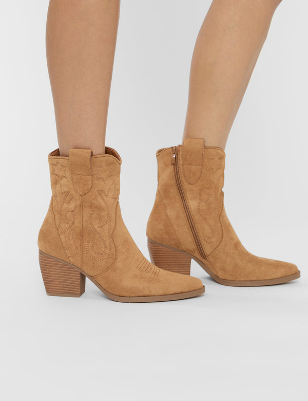 Public Desire Wild West Tan Suedette Western Cowboy Low Ankle Boots