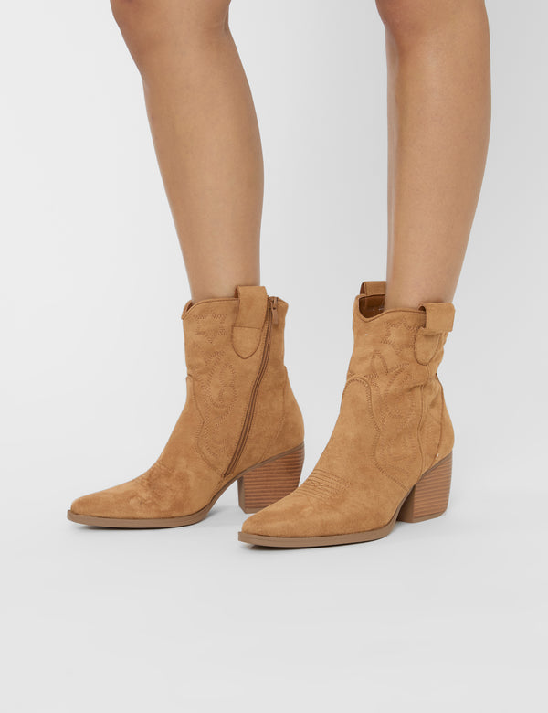 Public Desire Wild West Tan Suedette Western Cowboy Low Ankle Boots