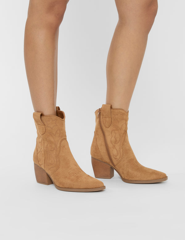 Public Desire Wild West Tan Suedette Western Cowboy Low Ankle Boots