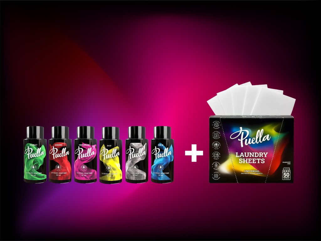 puella Value set for 60 washes: 6 x 50 ml laundry perfumes + sheets for 50 washes