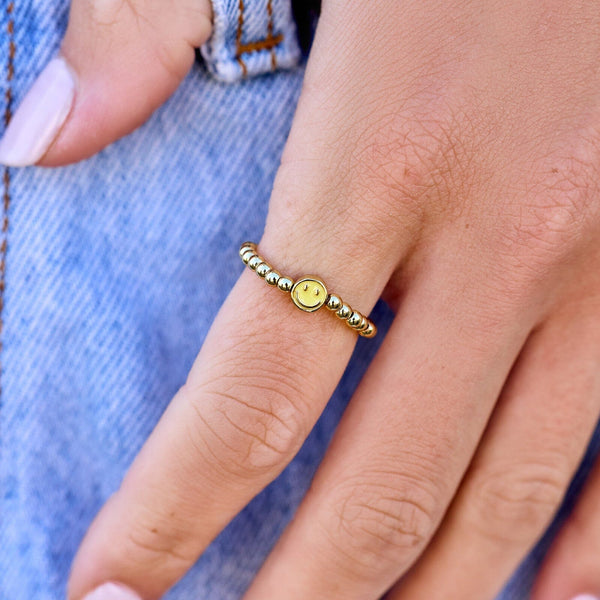 Pura Vida Happy Face Gold Bead Stretch Ring