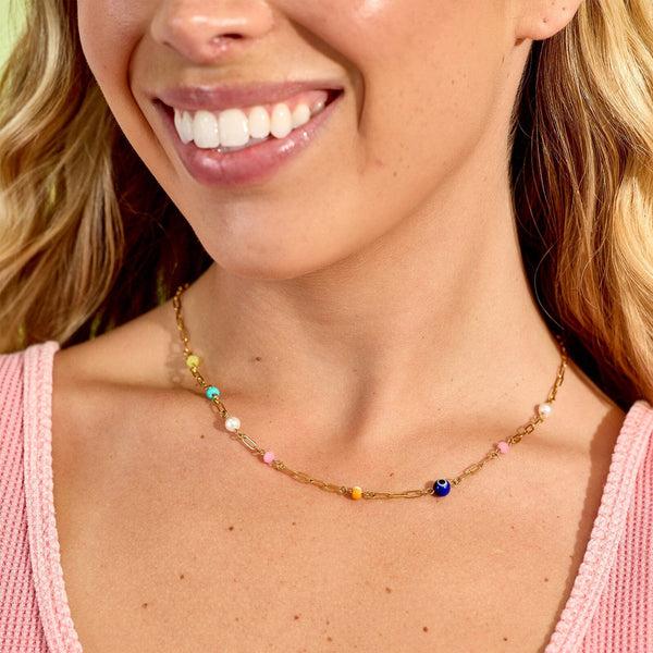 Pura Vida Salina Mixed Bead Paperclip Chain Choker