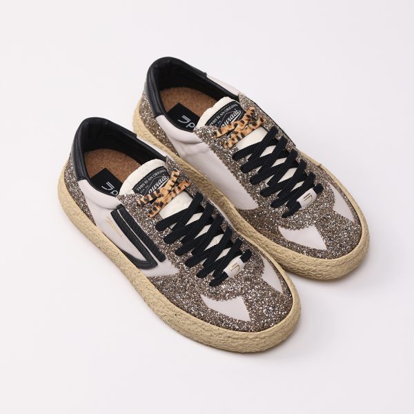 Puraai CONFETTI Vegan Leather White And Glitter Platinum Logo And Detail Black.Outsole Vanilla Double Lace Black And Printed Leopard. Vintage Finishing.CONFETTI